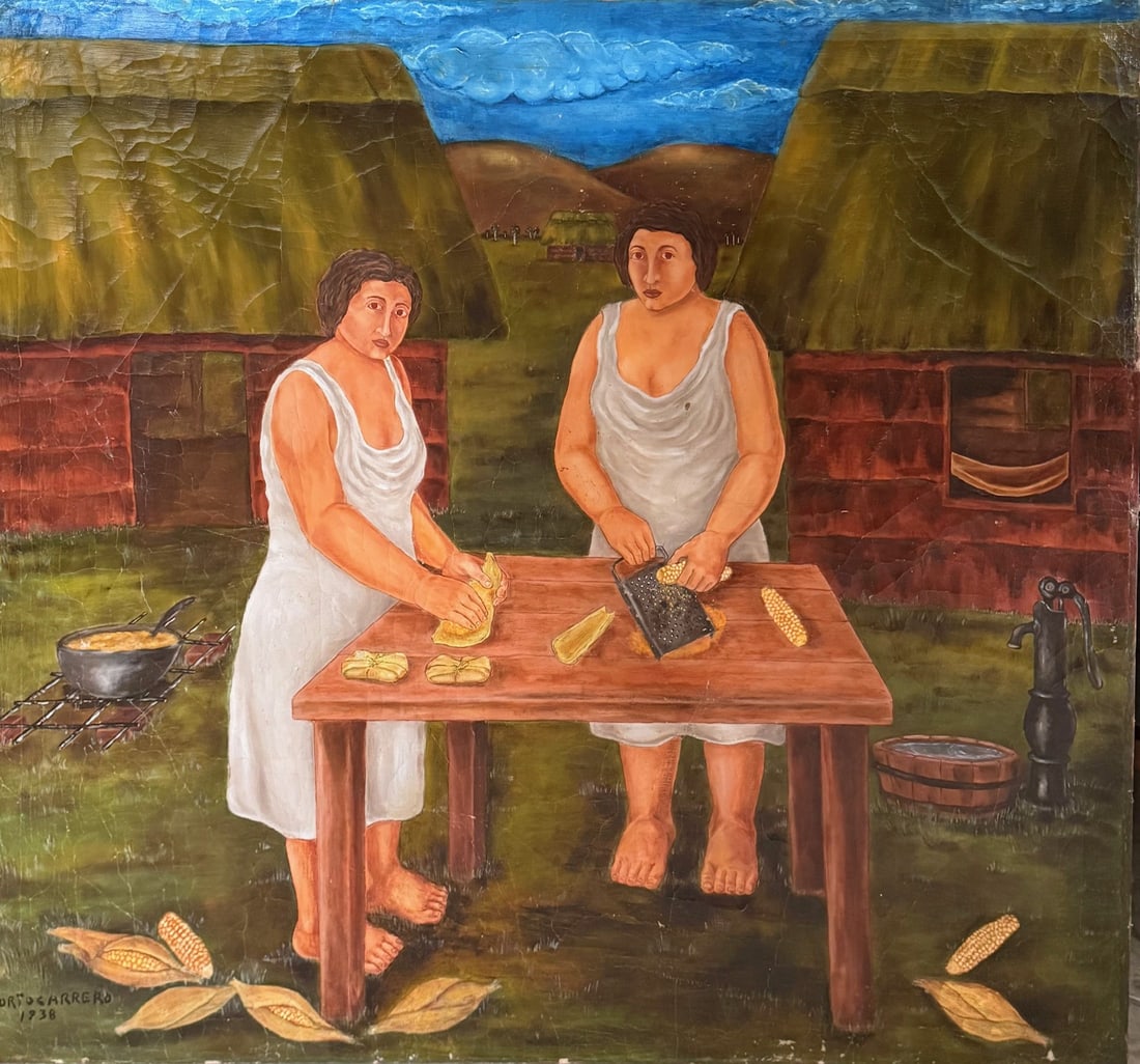 Oil on Canvas signed Rene PORTOCARRERO and dated 1938: Oil on Canvas signed Rene PORTOCARRERO and dated 1938 with COA Titled Escena Campesina RENE PORTOCARRERO (1912-1985) Cuban, 20th Century DIMENSIONS: Height 35 inch / 89 cm 