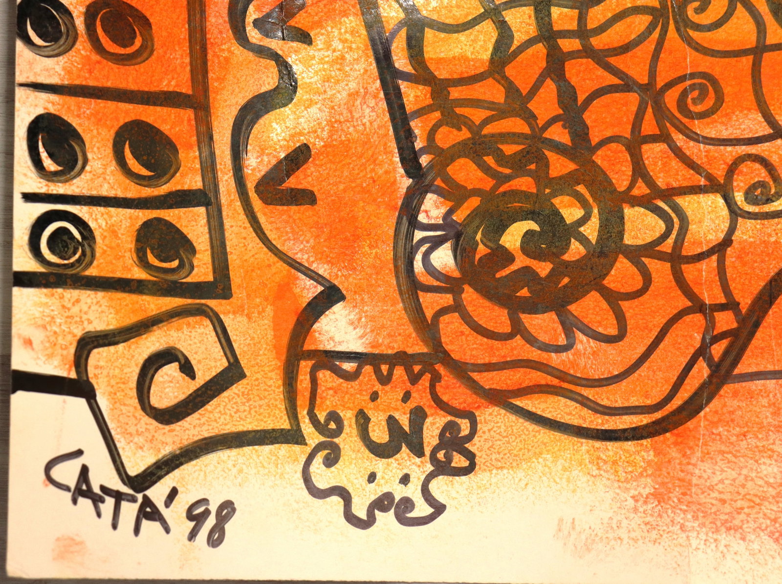 Unframed mixed media on cardboard signed Cata dated 98 - 2
