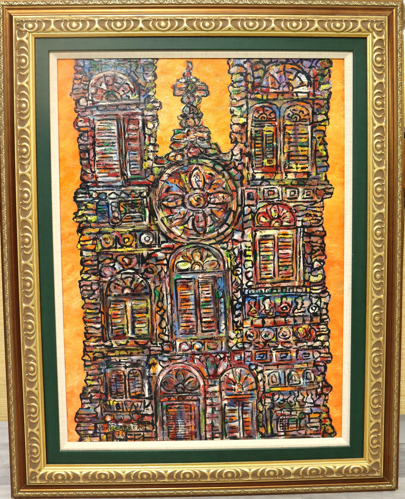Framed Oil on Board signed Portocarrero dated 76 with COA: Framed Oil on Board signed Portocarrero dated 76, Titled Cathedral, with COA Rene Portocarrero (Cuban, 1912-1985) DIMENSIONS with frame: Height 38.50 inch / 97,7 cm 