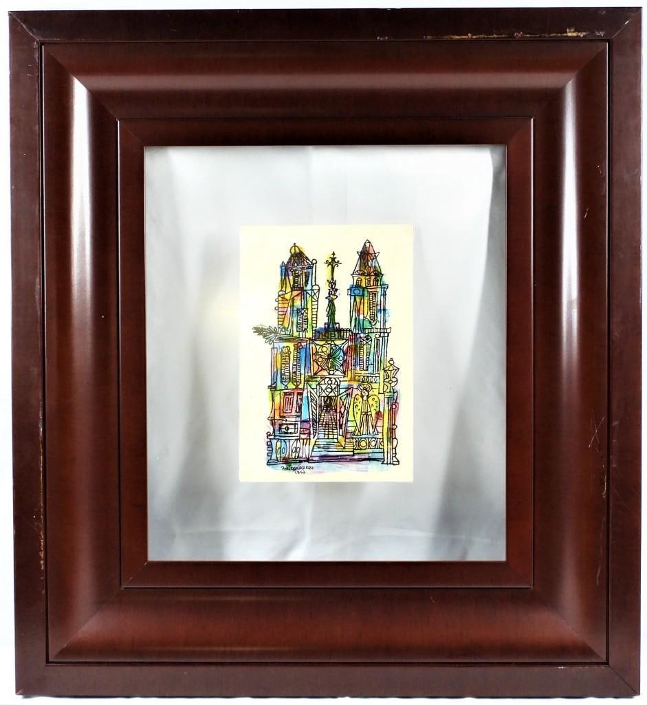 Framed Watercolor on paper signed Rene PORTOCARRERO and dated 1962: Framed Watercolor on paper signed Rene PORTOCARRERO and dated 1962 Rene PORTOCARRERO (1912-1986) Cuban Artist Watercolor on paper signed and dated 1962. DIMENSIONS with frame: Height 