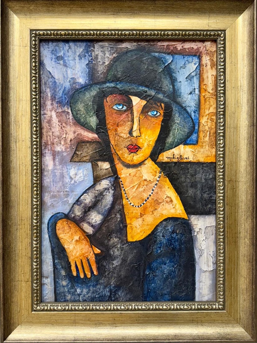 Framed Oil on Canvas signed Modigliani (after): Framed Oil on Canvas signed Modigliani (after) a reproduction or interpretation of Amedeo Modigliani's painting, specifically "Jeanne Hébuterne with Hat and Necklace" This