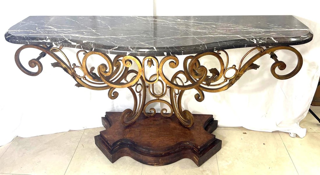 Large Wrought Iron with Marble Top Console Table - 4