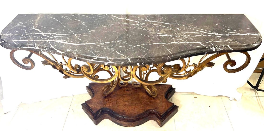 Large Wrought Iron with Marble Top Console Table - 8