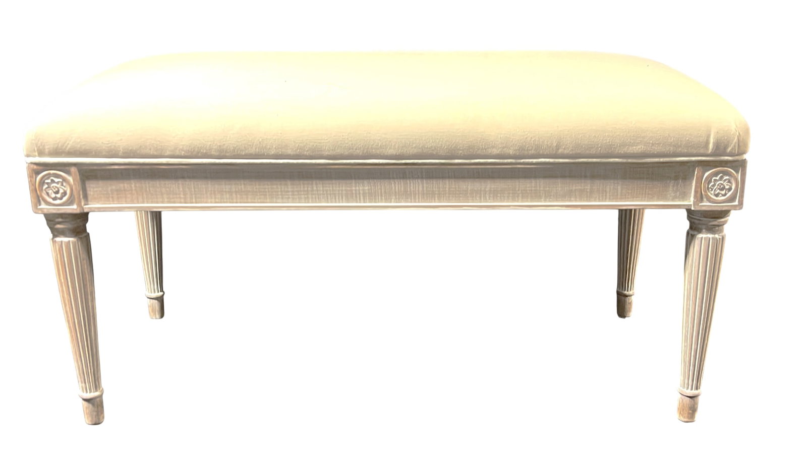 Louis XVI style upholstered bench.: Louis XVI style upholstered bench. This neoclassical style is identifiable by several classic features, It features tapered, fluted (grooved) legs, a hallmark of neoclassical design that