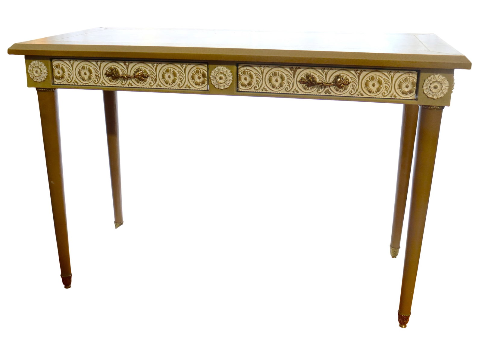 Neoclassical-style Metallic painted console table with two drawers and gilt (gold) accents.: Neoclassical-style Metallic painted console table with two drawers and gilt (gold) accents. The elegant design, featuring tapered legs and ornate, decorative drawer panels, is characteristic of