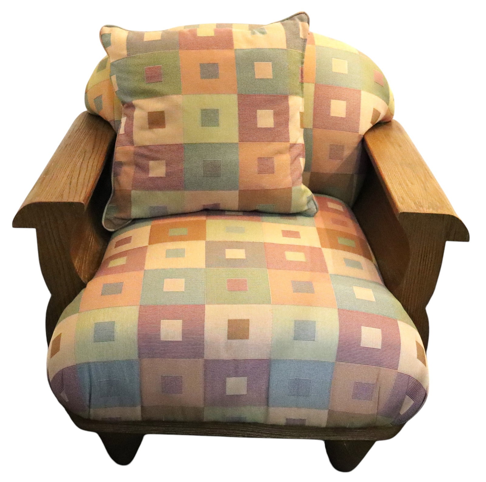 Vintage British colonial-style lounge armchair with a custom upholstery multi-colored geometric: Vintage British colonial-style lounge armchair with a custom upholstery multi-colored geometric patch pattern DIMENSIONS: Height: 33.50 inch / 85 cm 