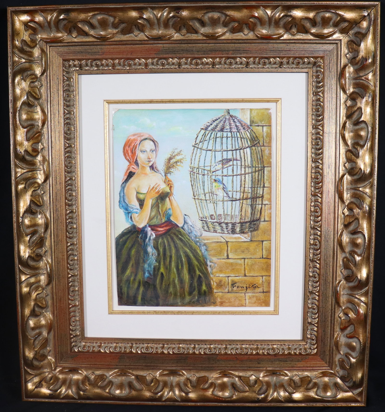 Framed oil on canvas paper signed FOUJITA lower right: Framed oil on canvas paper signed FOUJITA lower right, Untitled Leonard Tsuguharu Foujita (1886-1968) We do not have a COA for this piece and is therefore being sold in the manner of 