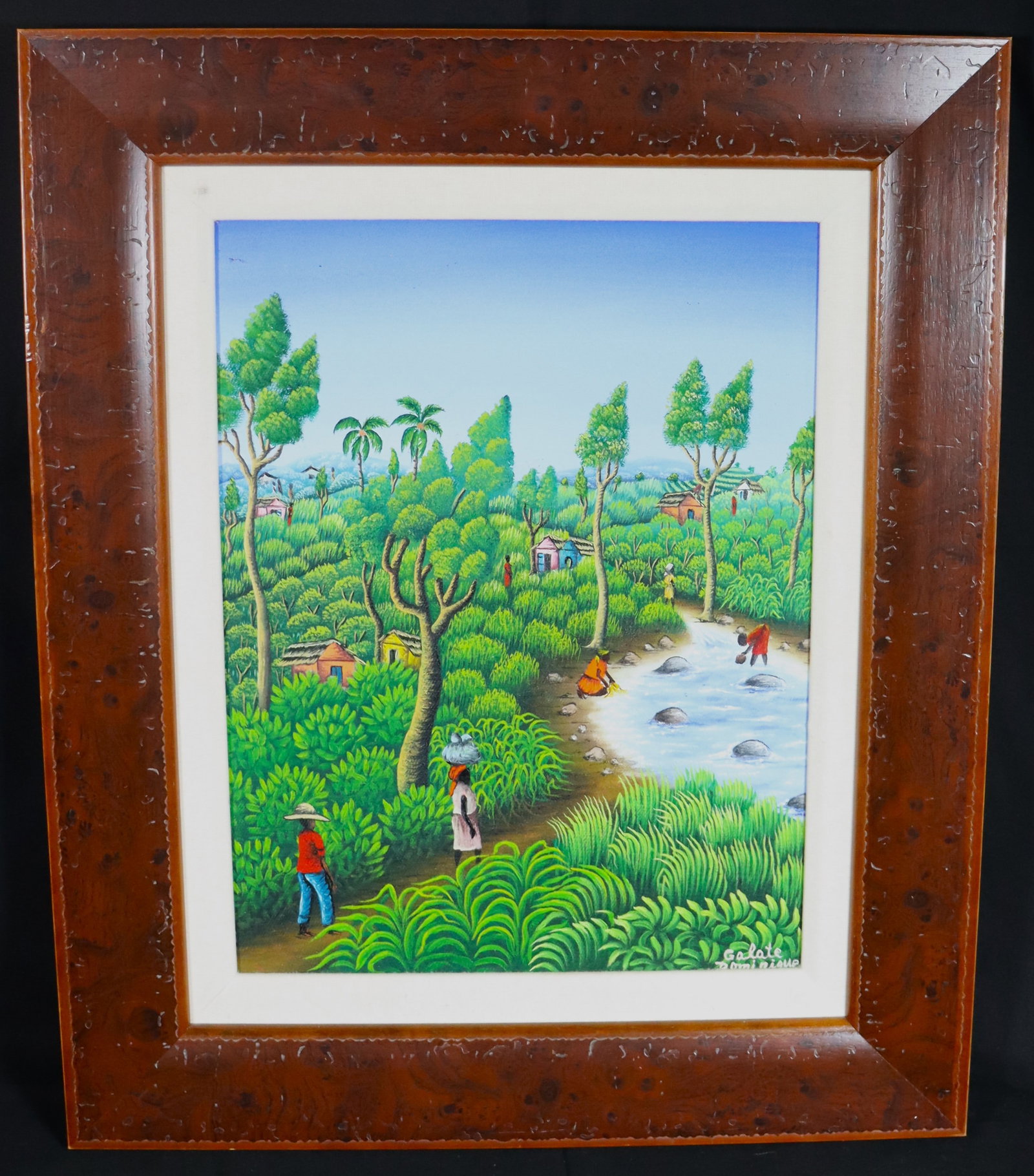 Framed Oil on Canvas signed Galate Dominique Haiti Art Naif: Framed Oil on Canvas signed Galate Dominique Haiti Art Naif DIMENSIONS with frame: Height 22.25 inch / 56,5 cm 