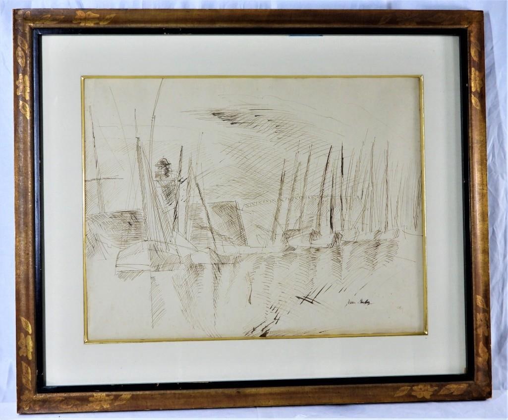 JEAN DUFY (1888-1964): VOILIERS, A Drawing original French Post-Impressionist drawing: An original Drawing French Post-Impressionist drawing of Jean DUFY Brown ink on paper, signed 'Jean Dufy' lower right. 17 1/2 x 22 in. (sheet), 25 1/2 x 30 in. (frame). Provenance: Herma