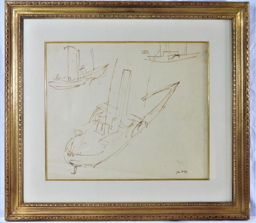 JEAN DUFY (1888-1964): LE BATEAU FERRY, An original French Post-Impressionist drawing: An original French Post-Impressionist drawing of Jean DUFY Brown ink on paper, signed 'Jean Dufy' lower right. 17 1/2 x 20 in. (sheet), 25 x 28 in. (frame). Provenance: Herman Goldsmith; thenc