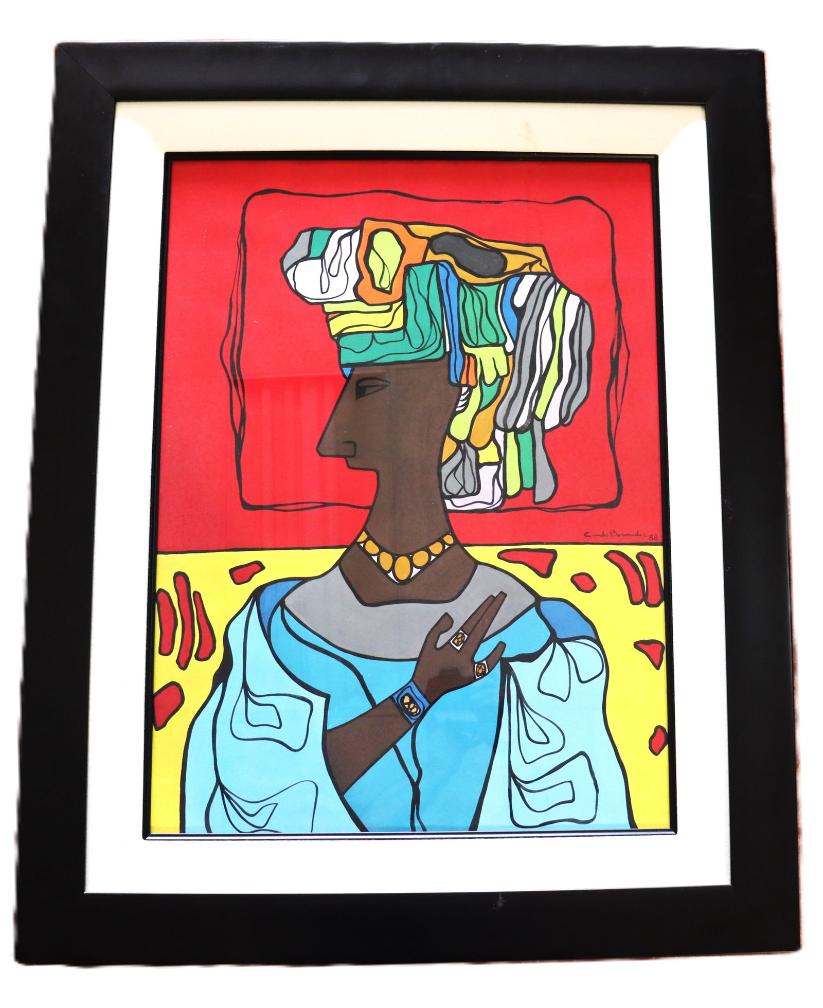 Framed Mixed Media on Paper signed Cundo Bermúdez: Framed Mixed Media on Paper signed Cundo Bermúdez Cundo Bermúdez (1914-2008) The work is characteristic of his style, which often features colorful and stylized figures
