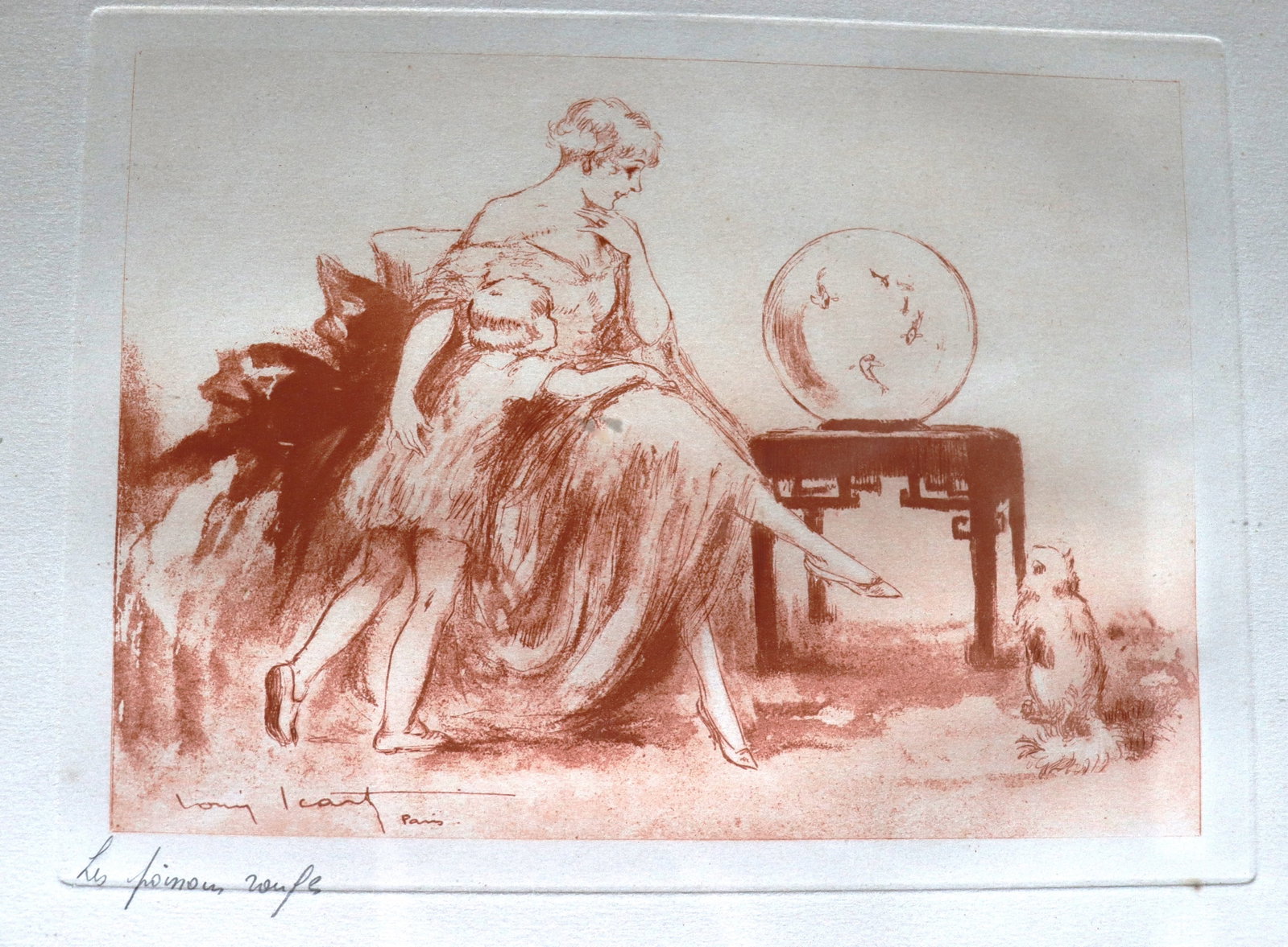 Framed Lithograph on paper Signed Louis ICART Titled Les poissons rouges (Goldfish) (1 of 5)