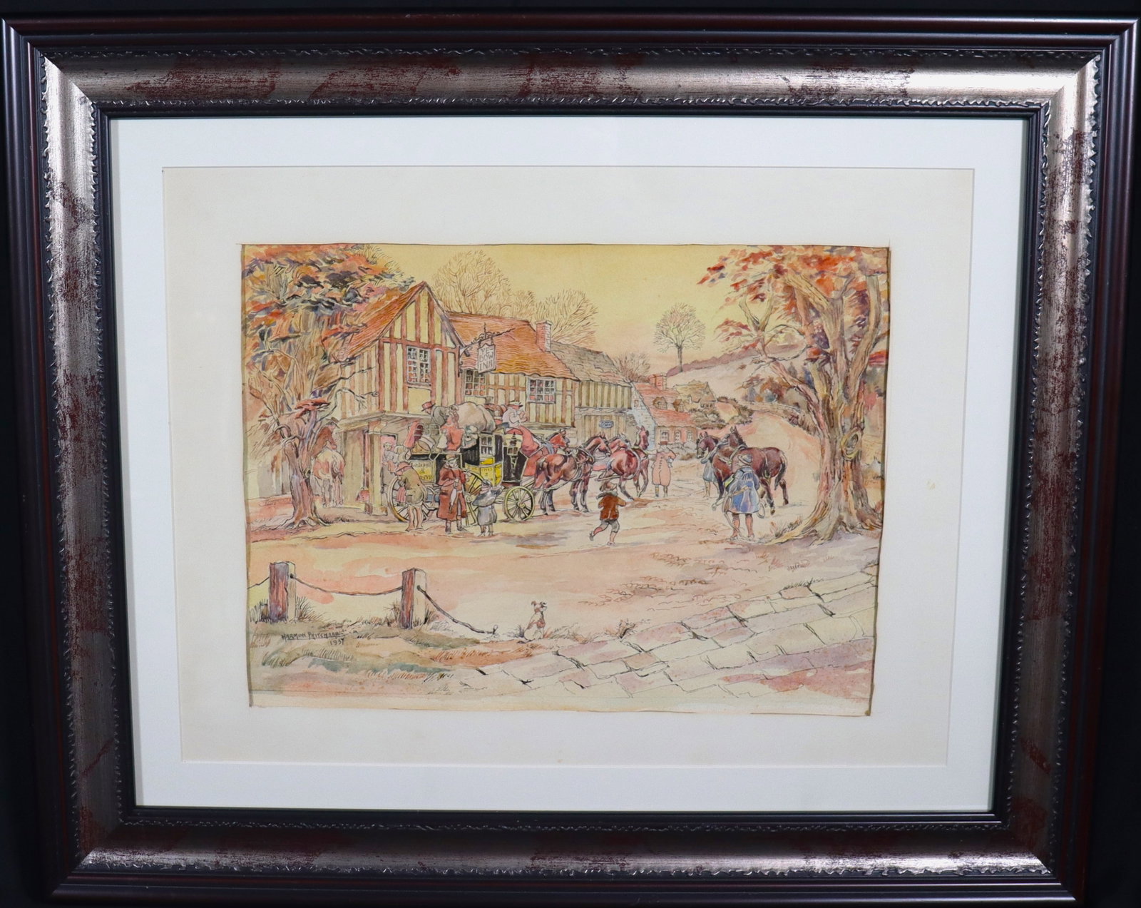 Framed Watercolor and Ink Signed HARMON and dated 1939: Framed Watercolor and Ink Signed HARMON and dated 1939 DIMENSIONS with frame: Height: 20 inches / 50,8 cm &nbs