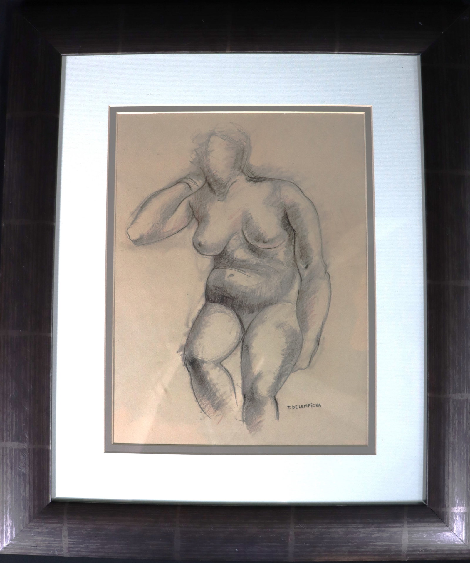 Framed Charcoal and pencil on paper signed T. DE LEMPICKA (1 of 4)