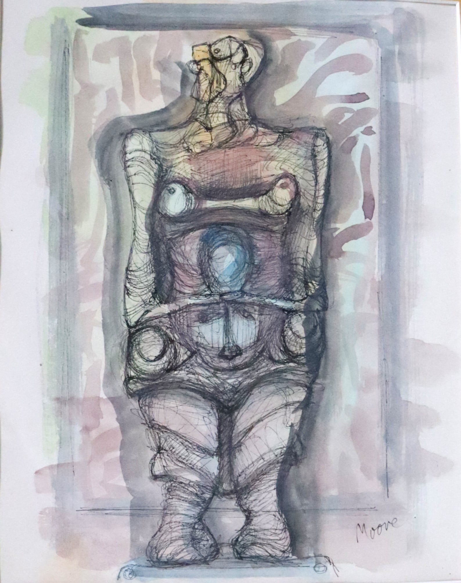 Framed Mixed Media on paper signed Moore - 2