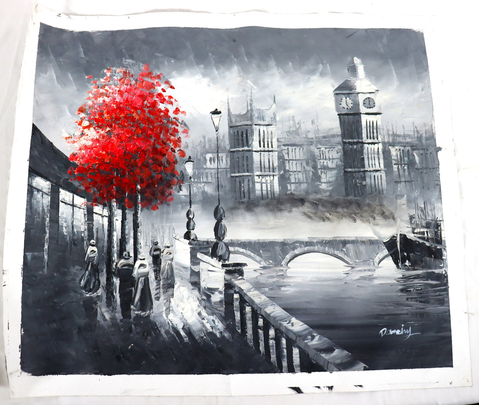 Unframed canvas print of London cityscape signed lower right: Unframed canvas print of London cityscape signed lower right, featuring a black and white scene with a vibrant red tree. the artwork depicts the Houses of Parliament and Big Ben beside the 