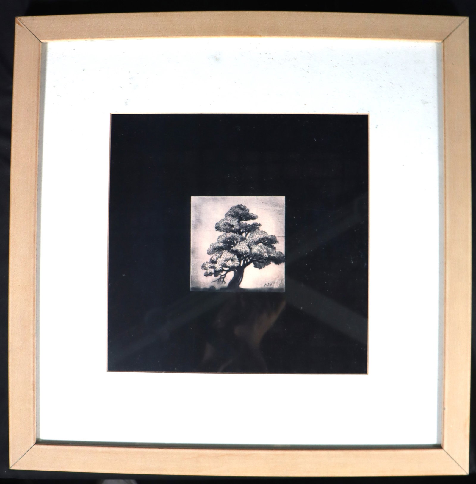 Framed Japanese-style ink painting of a bonsai Sacred tree signed lower right (1 of 8)