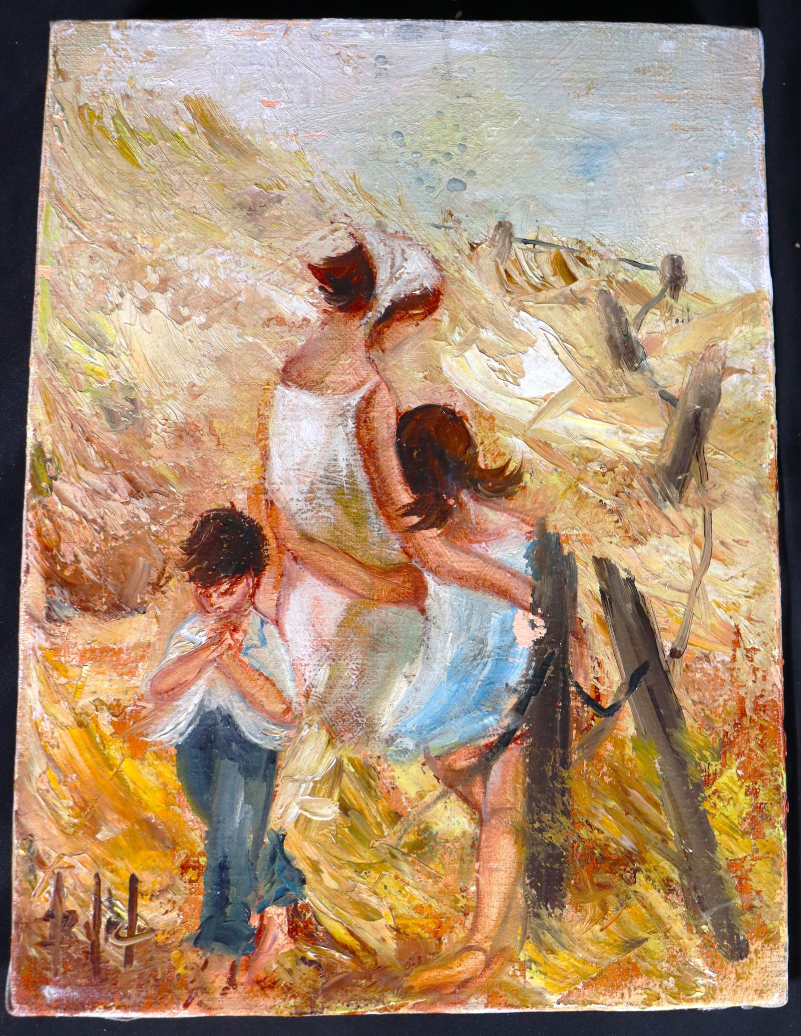 Oil on Canvas signed lower left, an impressionistic beach scene featuring a woman and two children (1 of 4)