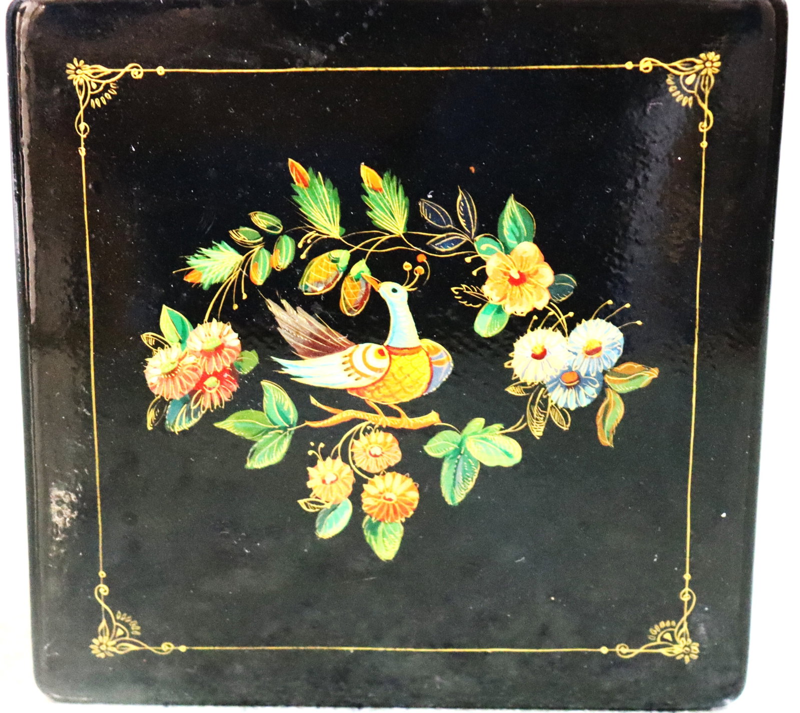 Vintage Lacquered box featuring a hand-painted bird surrounded by colorful flowers (1 of 5)
