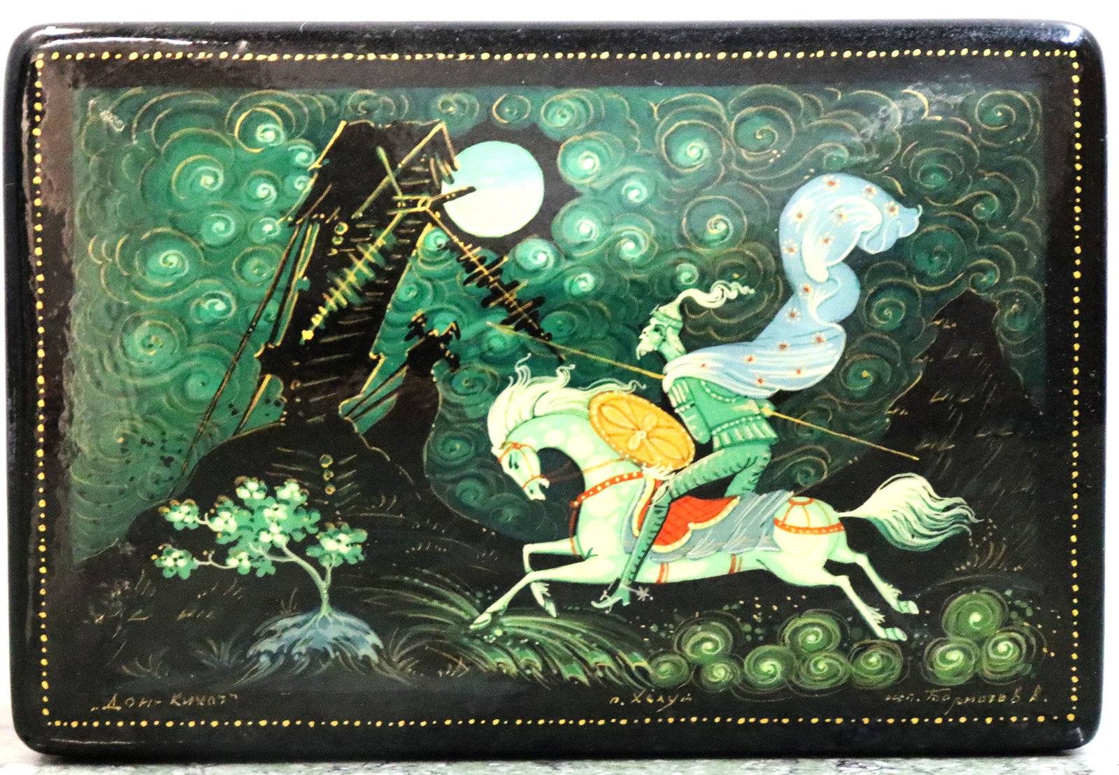 Vintage Russian lacquer box featuring a hand-painted scene from Don Quixote. (1 of 6)