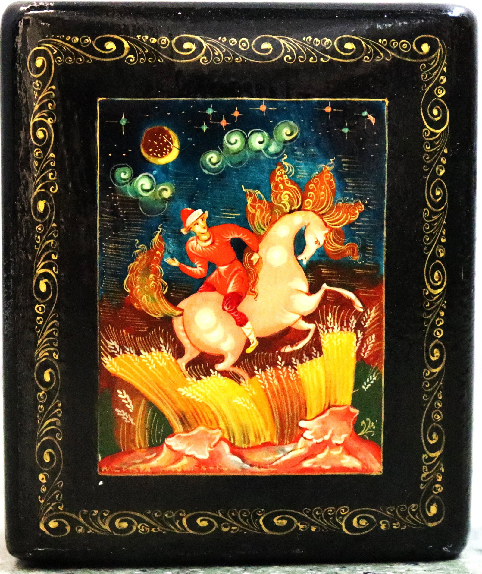 Vintage Russian lacquer box featuring a hand-painted scene of a figure riding a horse over a wheat (1 of 4)