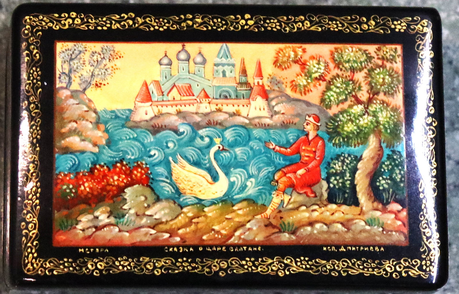 Vintage hand-painted Russian lacquer box depicting a scene from "The Tale of Tsar Saltan". (1 of 6)