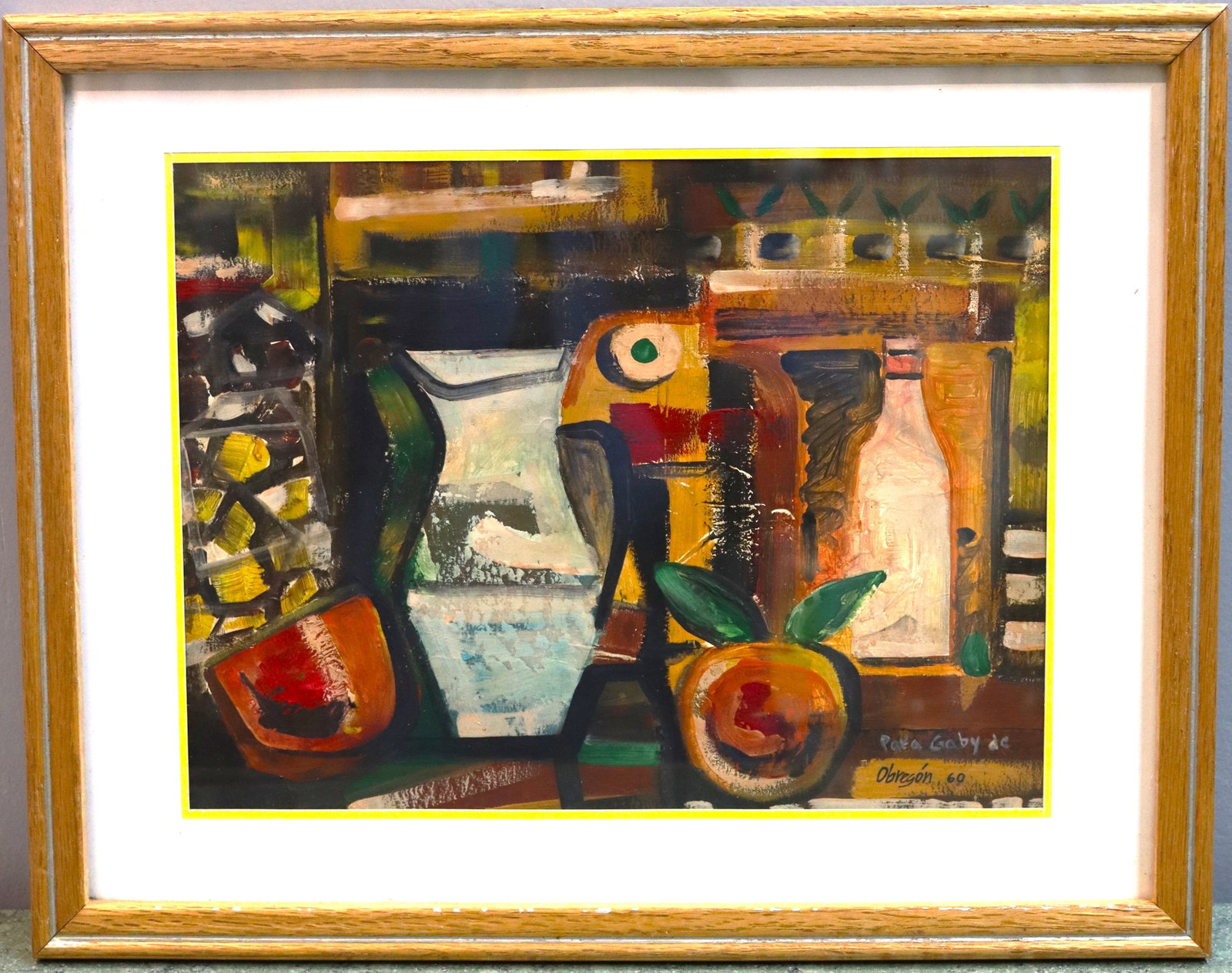 Framed Mixed Media on paper signed Alejandro OBREGON dated 60: Framed Mixed Media on paper signed Alejandro OBREGON dated 60, The artwork is signed and dated "Para Gaby de Obregón, 60" in the lower right corner. It depicts various objects, including a white pitc