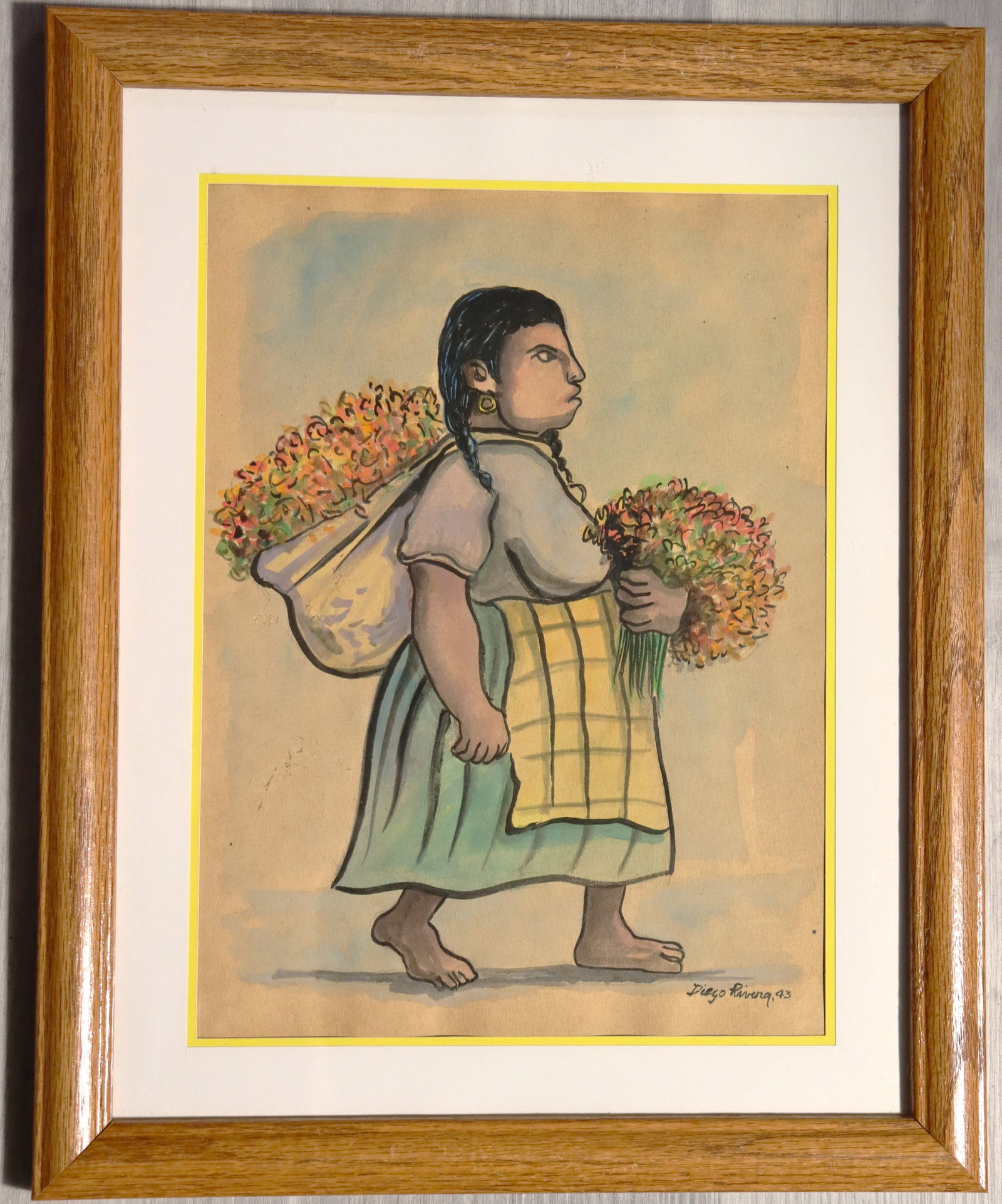 Framed Mixed Media on paper signed Diego Rivera: Framed Mixed Media on paper signed Diego Rivera, the original artwork is a watercolor on paper depicting a woman carrying large bundles of flowers, reflecting Rivera's focus on Mexican folk life and c
