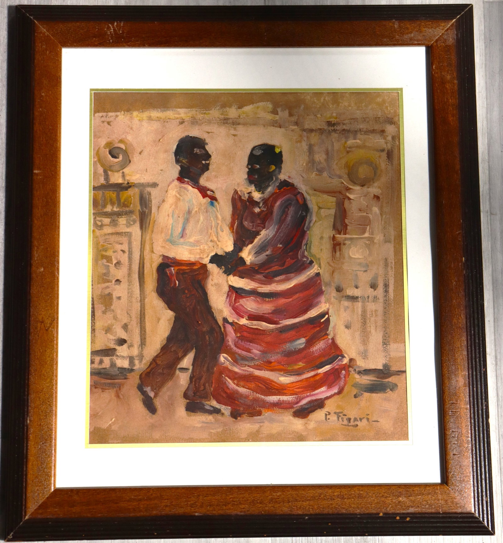 Framed Oil on paper signed Pedro Figari: Framed Oil on paper signed Pedro Figari, a "Candombe" scenePedro Figari (Uruguayan 1861-1938)We do not have a COA for this piece and is therefore being sold in the manner of Pedro Figari DIMENSIONS wi