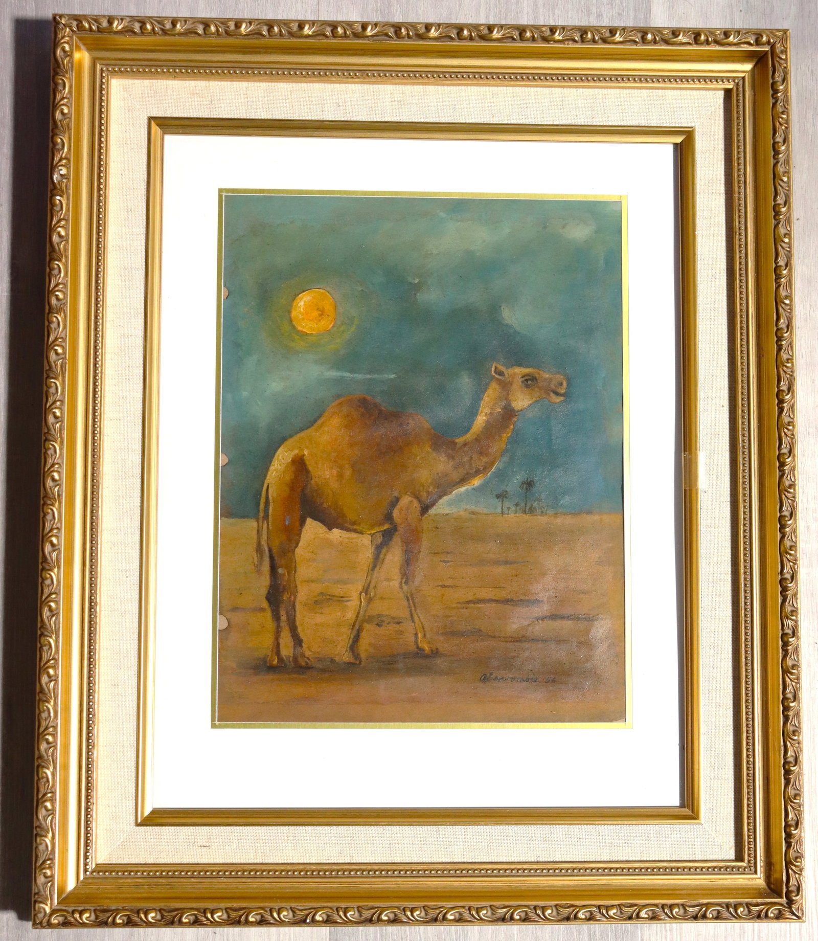Framed Oil on paper signed Gertrude Abercrombie: Framed Oil on paper signed Gertrude Abercrombie, A lone camel standing in a vast, arid desert landscape.Gertrude Abercrombie (1909-1977) American artistWe do not have a COA for this piece and is there