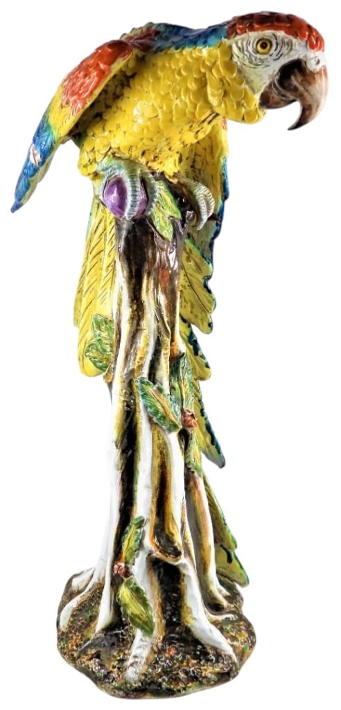 Extra-large 20th century Italian ceramic sculpture of Macaw perched on tree stump base (1 of 10)