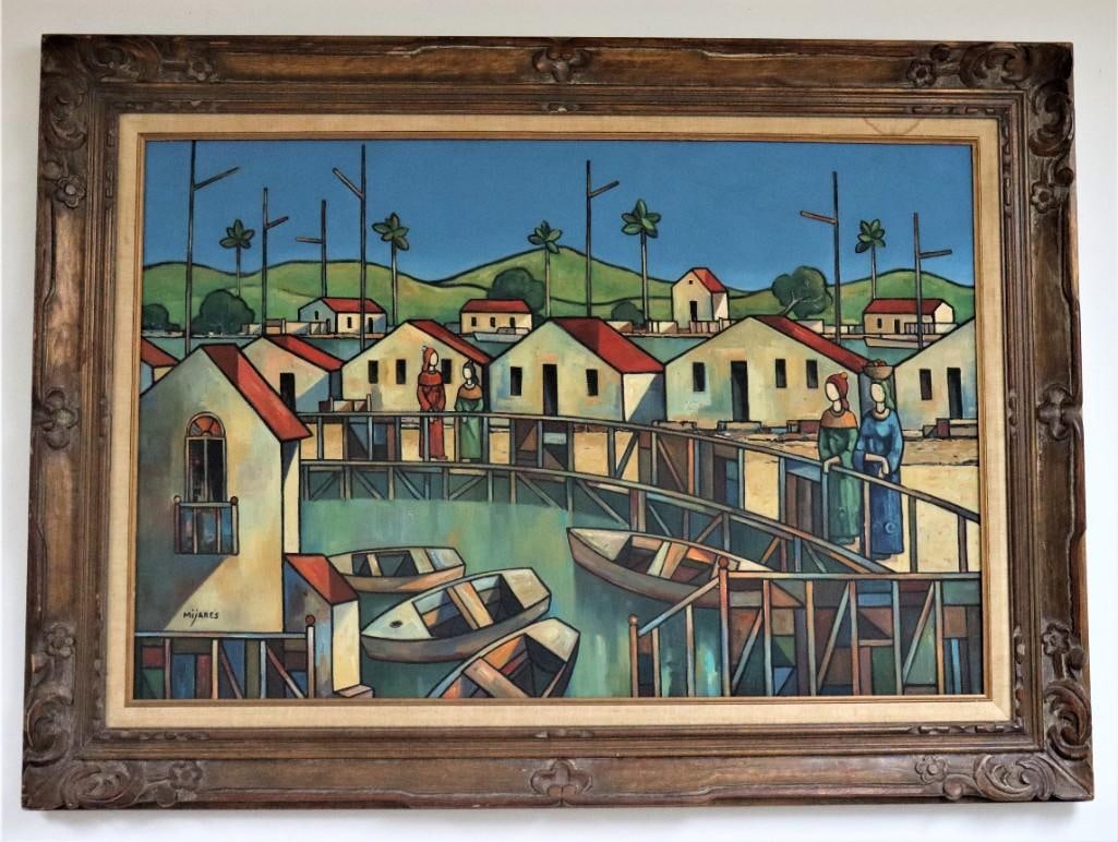Framed Oil on Canvas signed Mijares. With COA: Framed oil on Canvas, Title MARINA, signed lower left, with COA. Jose Mijares (Cuban 1921 - 2004)DIMENSIONS without frameHeight:24-inch Length 36 inchDINMENSIONS with frame: Height32.60-inch Length 44