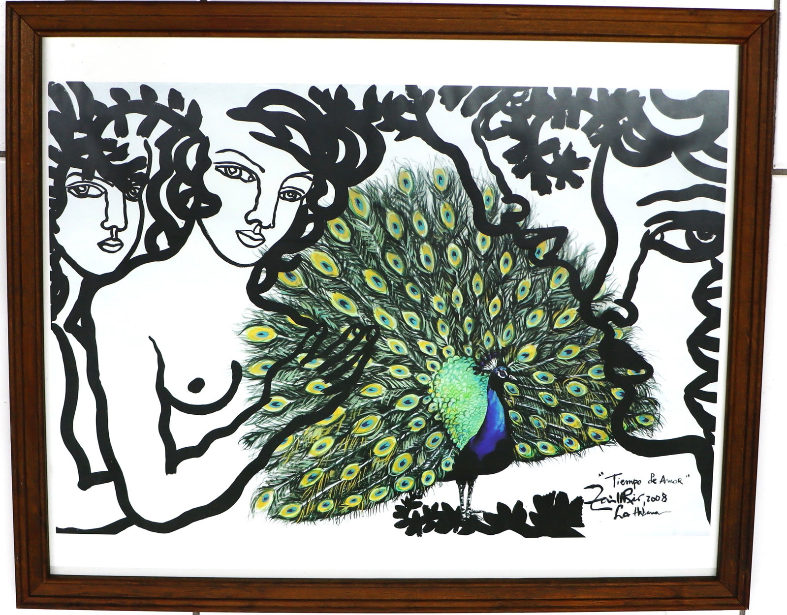 Framed Mixed Media on Paper signed Zaida del Río and dated 2008: Framed Mixed Media on Paper signed Zaida del Río and dated 2008, titled "Tiempo de Amor" It features bold black ink line drawings of female figures contrasted against a colorful, detailed peacock ill