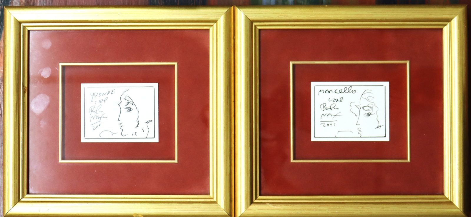 Pair of Framed original felt tip sketch of a face in profile signed Peter dated 2001. (1 of 6)