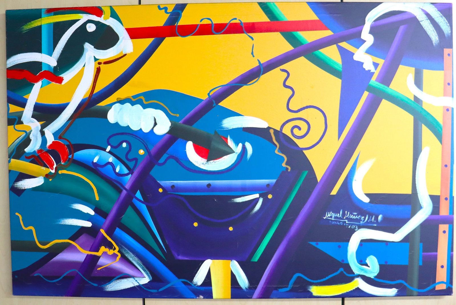 Acrylic on canvas signed Miguel Munoz Martinez and dated 2003 with COA: Acrylic on canvas signed Miguel Munoz Martinez and dated 2003 with COA from the Artiste, Titled "Fortalezas Destruidas"The piece features a bright yellow background contrasted with bold blue, purple, 