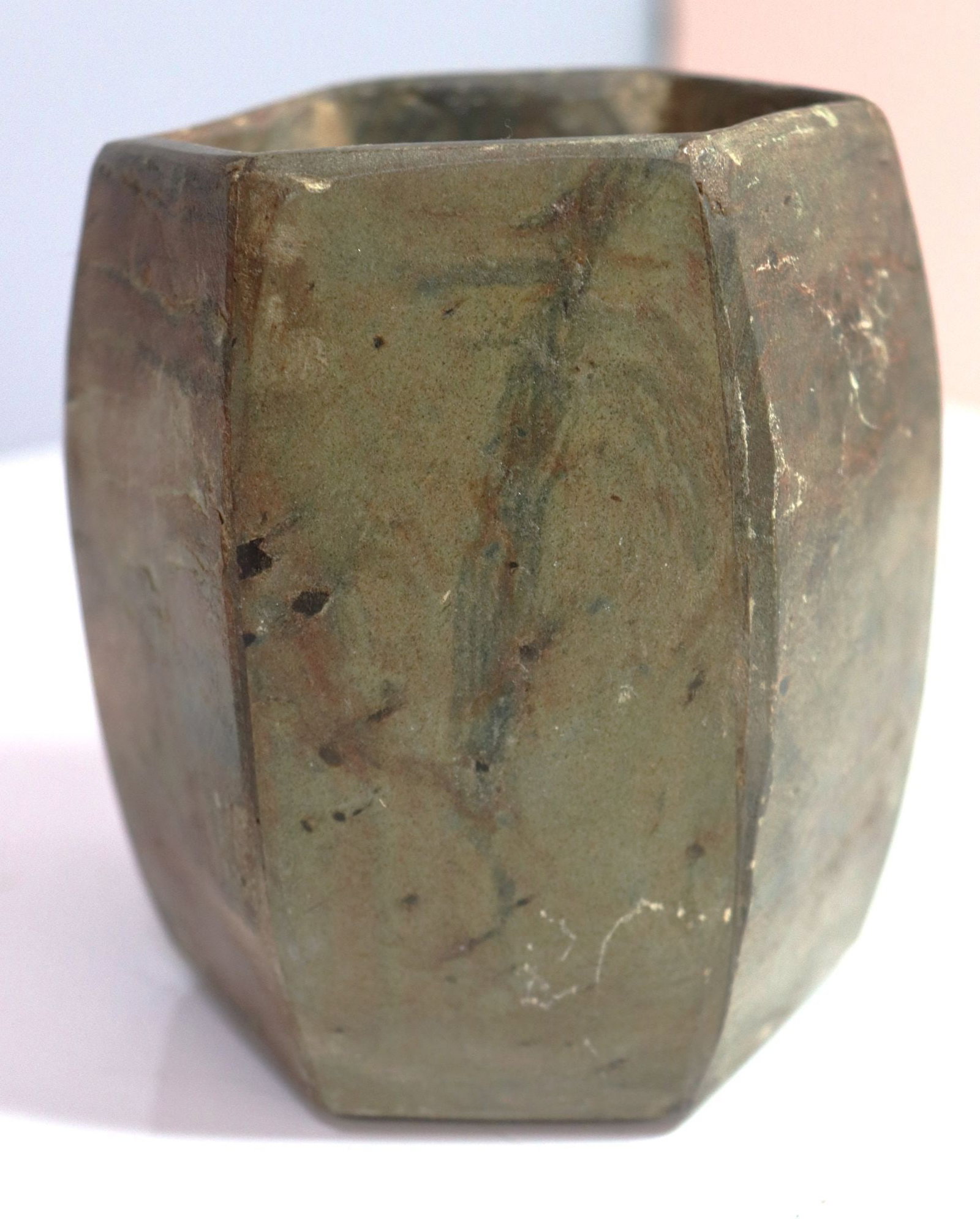Vintage Octagonal Stone Planter or Pen Holder, Ma: This is a vintage octagonal vessel, likely crafted from a variegated grey-green stone, possibly slate or soapstone. Its faceted design offers a unique aesthetic, suitable for use as a small planter fo