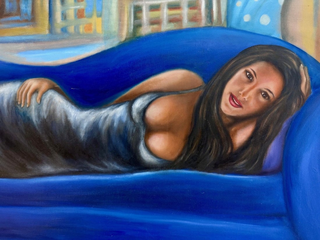 Jorge Alvarez "Descanso" Cuban Art Oil Painting W: This captivating oil on canvas painting, titled "Descanso," is by the Cuban artist Jorge Alvarez. The artwork features a reclining woman with long dark hair, dressed in a shimmering silver gown,