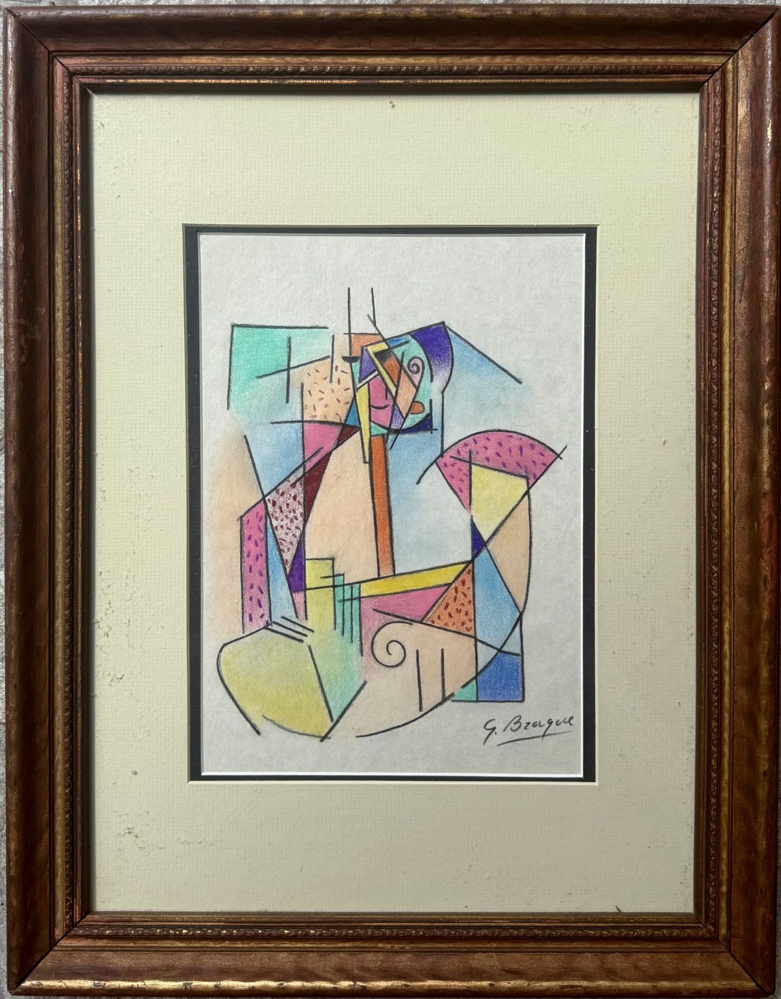 Georges Braque, Cubist Abstract Colored Mixed Med: This artwork is an abstract composition rendered in colored pencil, attributed to Georges Braque. The piece features a dynamic interplay of geometric shapes and lines, characteristic of Cubist