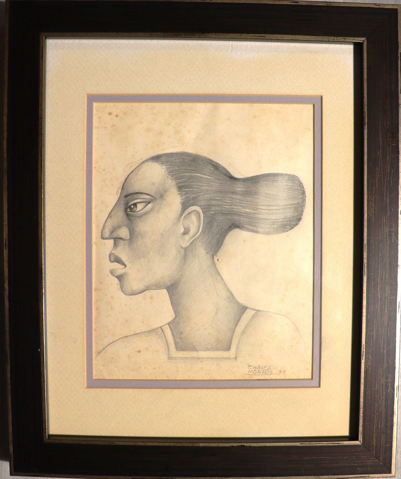 Chavez Morado 1939 Pencil Drawing - Profile Portr: This is an original pencil drawing by Chavez Morado, dated 1939. The artwork features a profile portrait of a woman with distinct stylized features, characteristic of the artist's early period. The dr