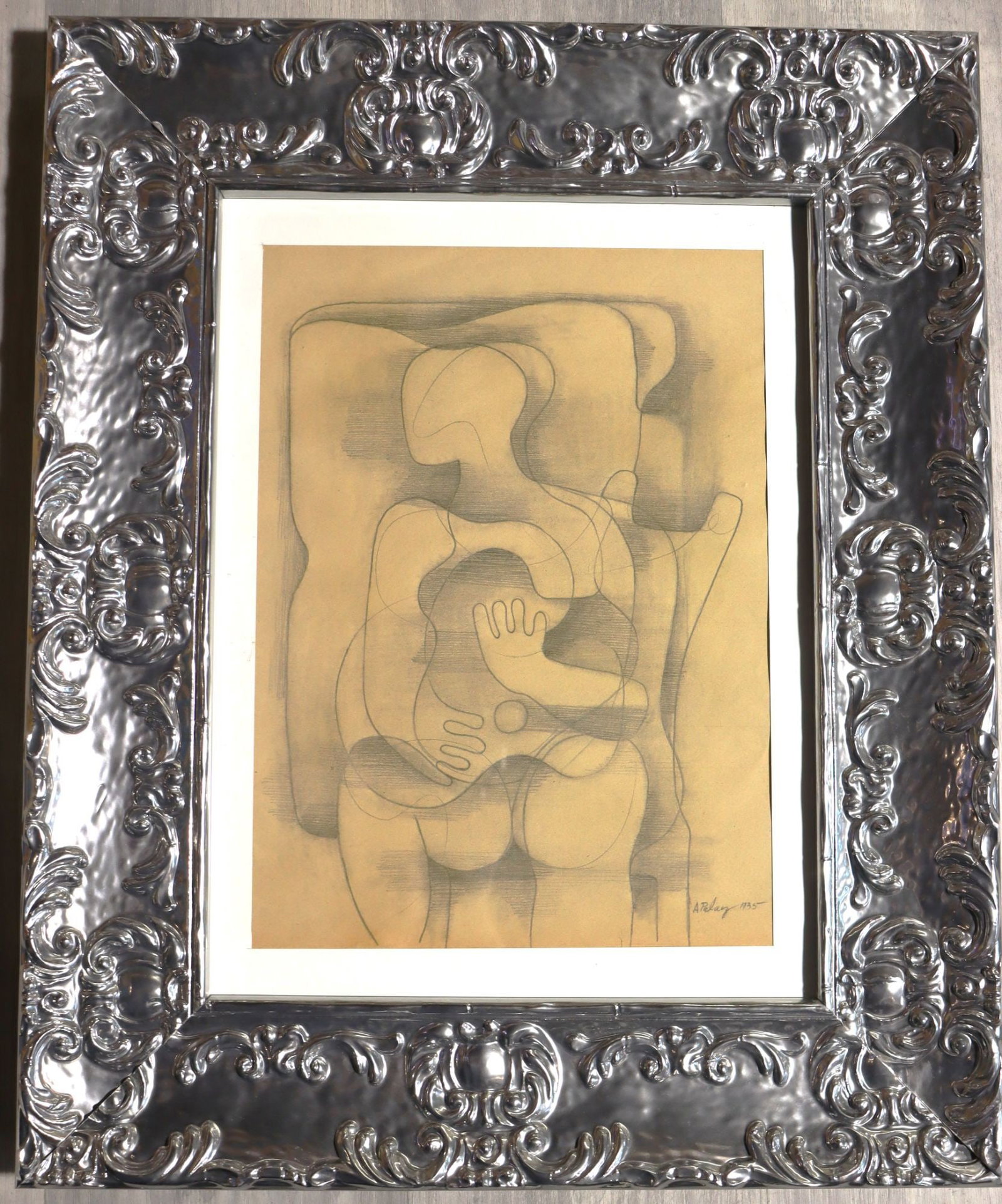 Amelia Pelaez 1935 Cubist Abstract Figure Pencil: A pencil drawing on paper signed Amelia Pelaez, dated 1935. The artwork features a Cubist abstract depiction of a figure, rendered with flowing, interconnected lines and subtle shading that create a s