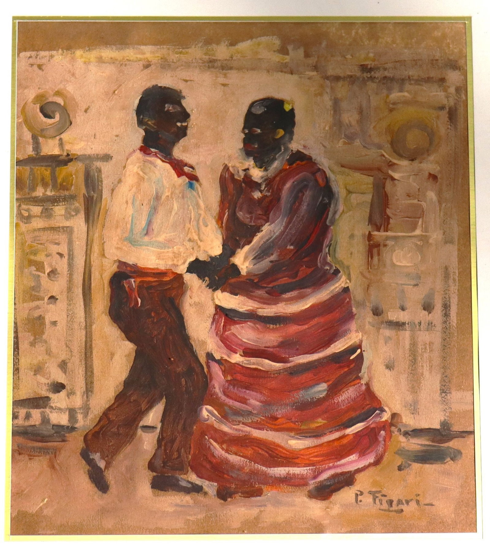 Pedro Figari Oil Painting on paper, Figures Danci: An oil painting on paper signed Pedro Figari, depicting two figures engaged in a dance. The artwork features a vibrant palette, with the figures rendered in rich, earthy tones against a more subdued b