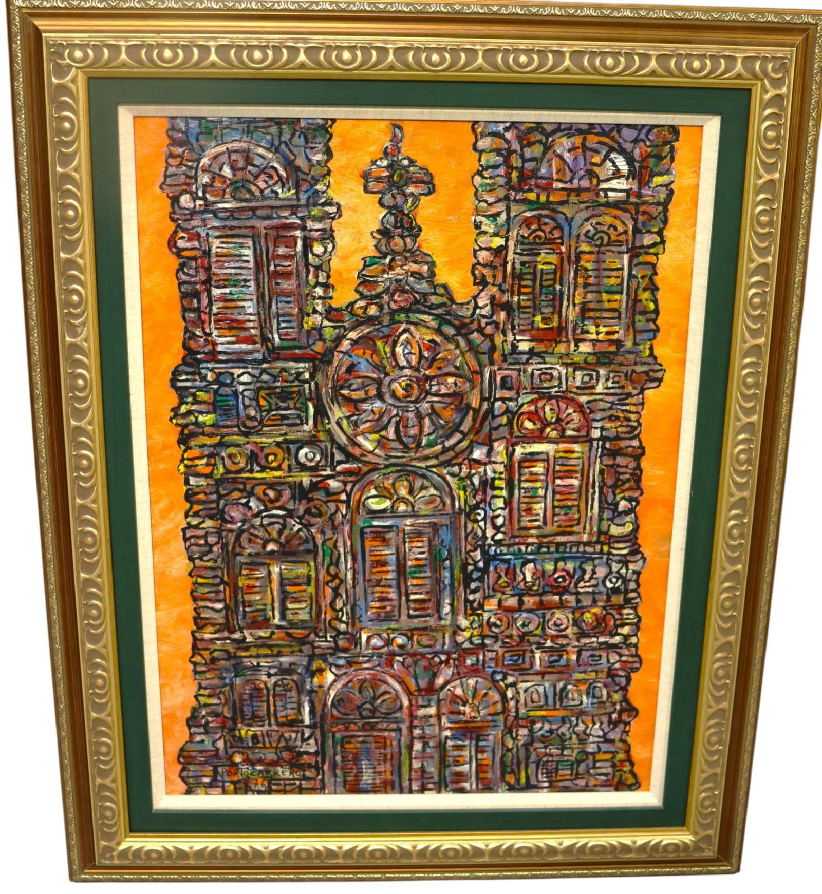 Rene Portocarrero 1976 Brutalist Abstract Church Oil P: An original oil painting on board signed Portocarrero, dated 1976, Titled Cathedral with COA, depicting a Brutalist abstract rendition of a church facade. The artwork features a highly textured surfac