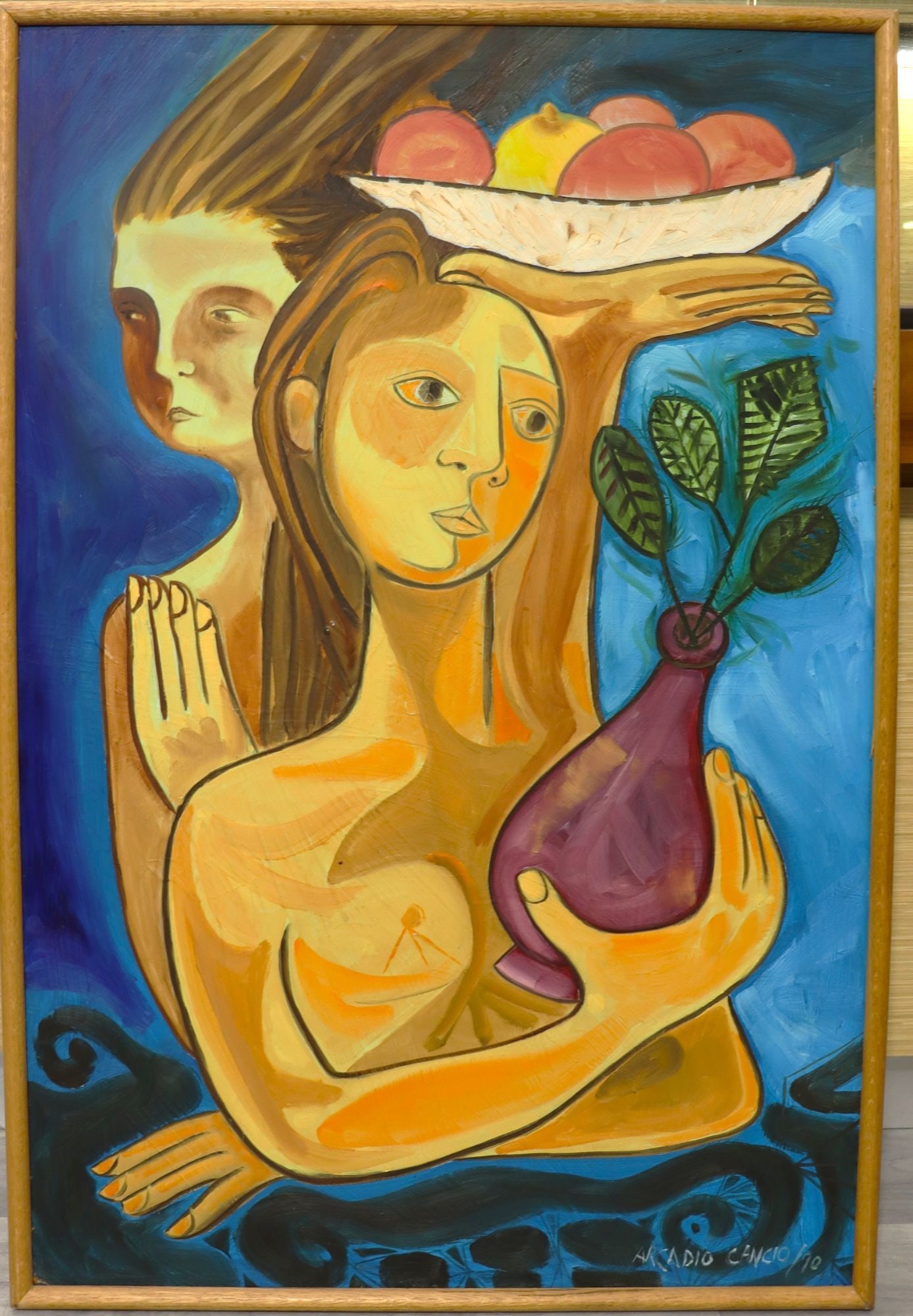 Arcadio Cancio Original Oil Painting, Signed and: An original oil painting by the artist Arcadio Cancio, signed and dated 'ARCADIOCANCIO 90' in the lower right corner. The artwork features a vibrant composition with two figures, rendered in a distinc