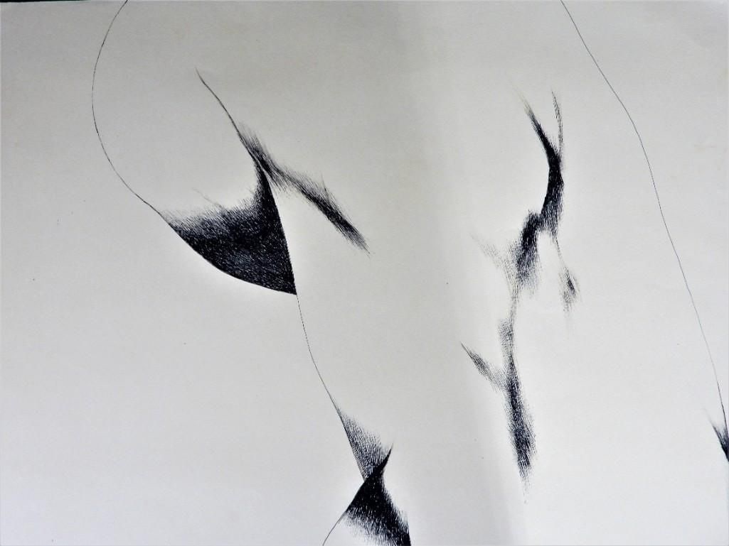 Cabana Moreno Ink Drawing "Un Hombre Está Solo" (: This compelling ink drawing by Cabana Moreno, titled "Un Hombre Está Solo" (A Man Is Alone), dates from 1979. The artwork captures a nuanced figurative study, focusing on the contours and musculature