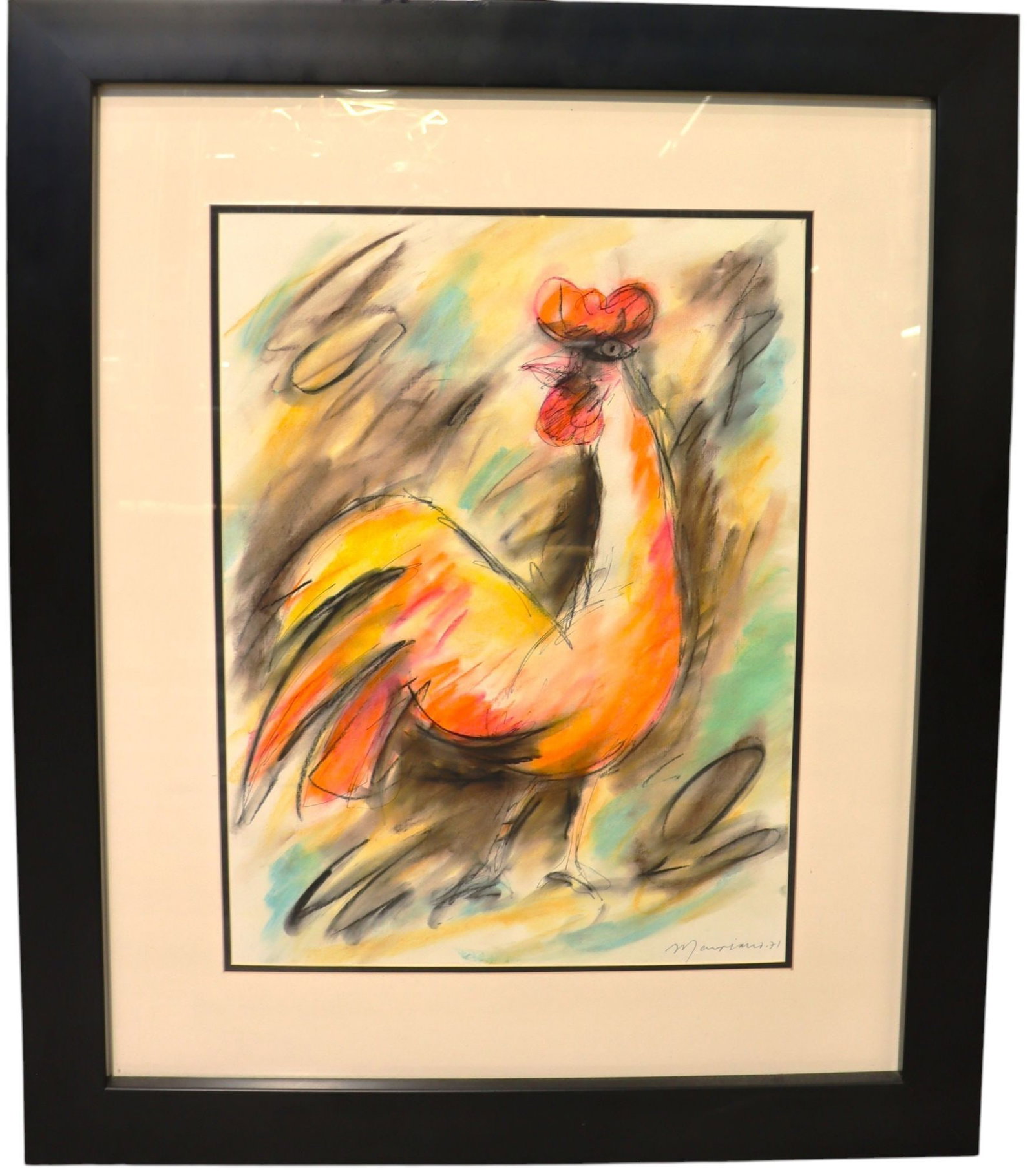 Mariano RODRIGUEZ '71 Abstract Rooster Mixed Medi: This vibrant abstract painting, signed 'Mariano RODRIGUEZ '71', depicts a rooster rendered in a dynamic mixed media style. The artwork features bold strokes and a lively color palette dominated by war