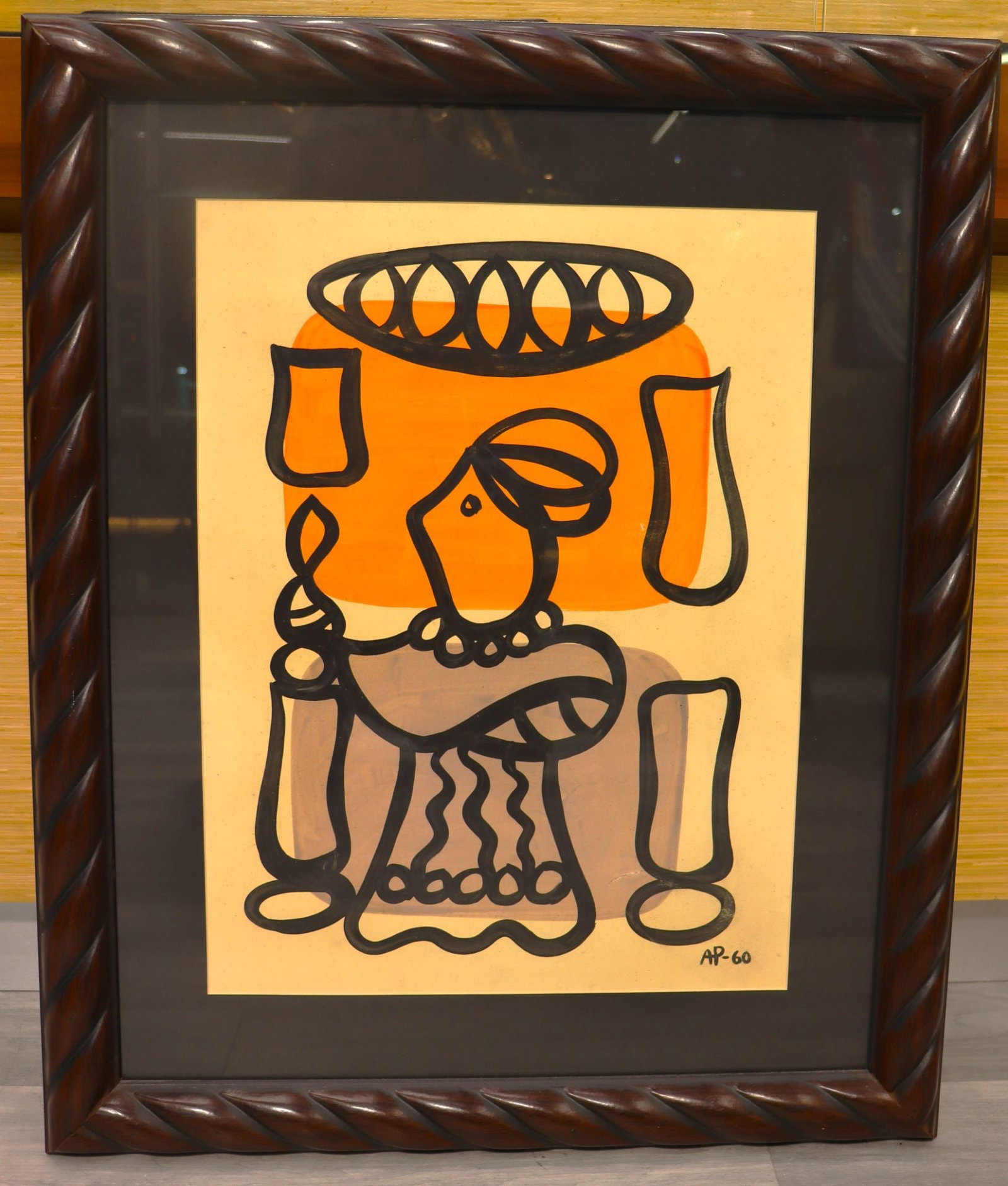 Amelia Pelaez Modern Abstract Figure Painting on: This mid-century modern painting features an abstract depiction of a figure, possibly a woman, rendered with bold outlines and flat areas of color. The color palette includes black, orange, and a mute