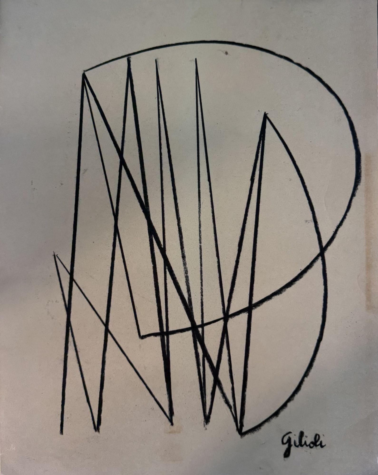 Emile Gilioli Abstract Ink Drawing on Paper, Sign: An abstract ink drawing on paper, signed by the artist "Gilioli". The composition features a dynamic interplay of intersecting straight lines and a dominant curved form, creating a sense of movement a