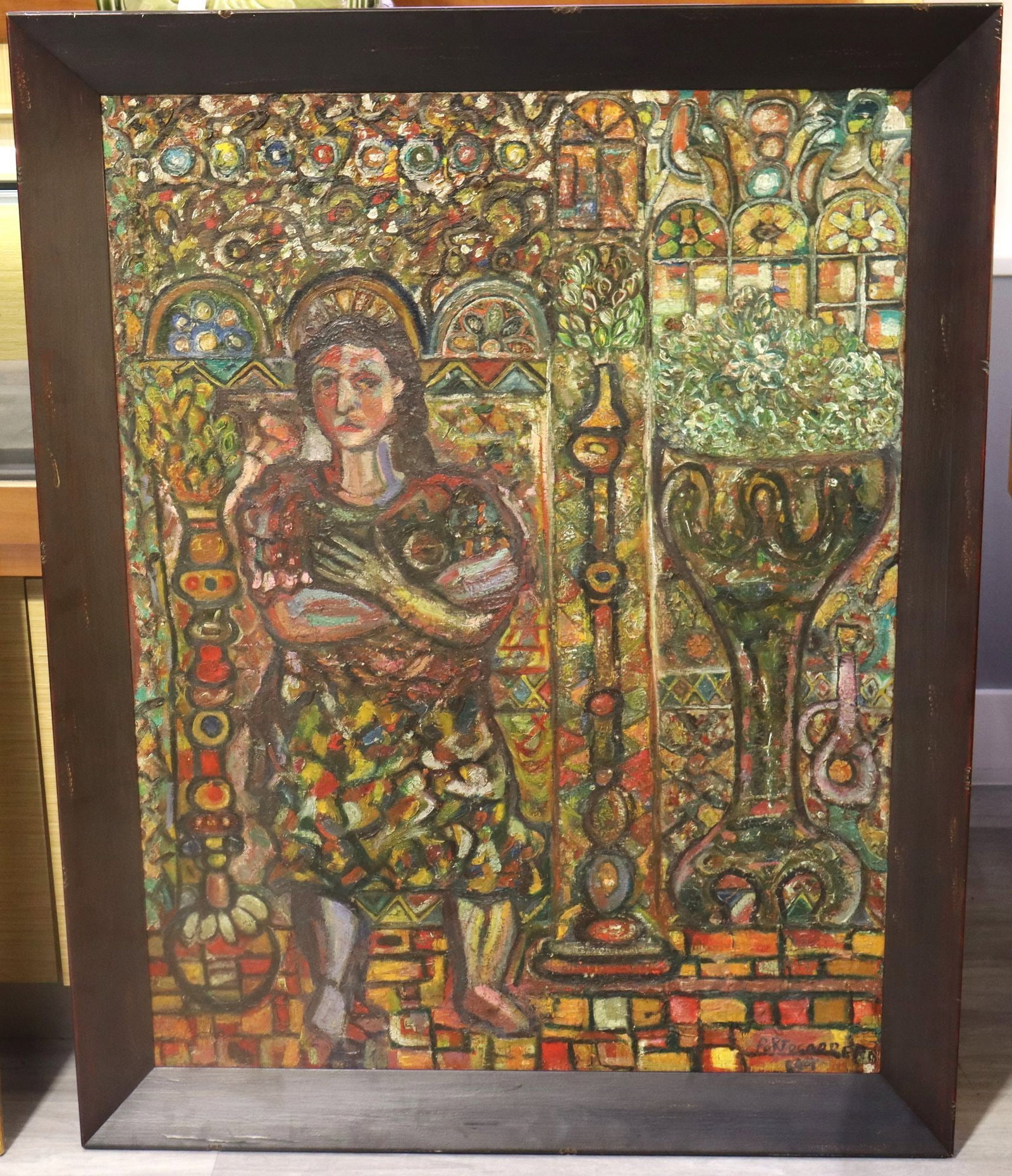 René Portocarrero "Interior del Cerro" Oil on Can: An original oil on canvas painting by the renowned Cuban artist René Portocarrero, titled "Interior del Cerro" and dated 1944. This vibrant work depicts a central female figure amidst a richly patter