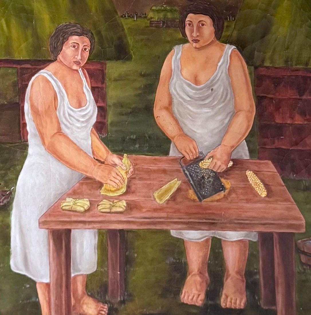 René Portocarrero “Escena Campesina?? Oil on Canva: This compelling oil on canvas painting, titled “Escena Campesina” (Country Scene), is an authentic work by the renowned Cuban artist René Portocarrero, dated 1938. The artwork depicts two bar