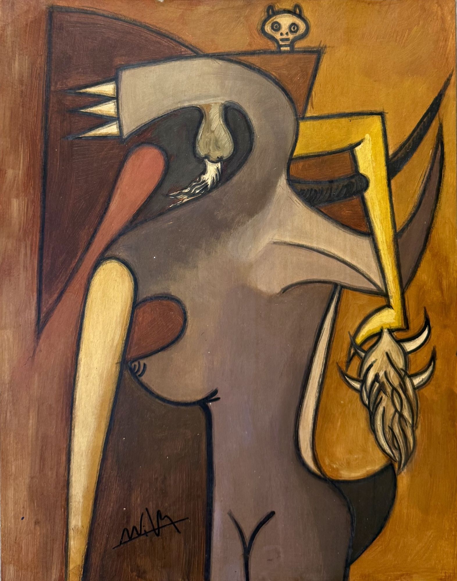 Wifredo Lam Abstract Expressionist Mixed Media Pa: This compelling mid-century Abstract Expressionist painting features a stylized, elongated figure rendered in a palette of warm browns, ochres, and grays. The composition includes cubist influences, w